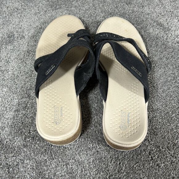 BZees Bora Bright Women's Sz 7 M Black Tan Machine Washable Thong Wedge Sandals - Picture 7 of 8